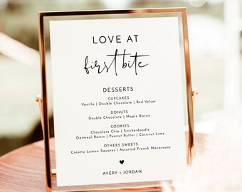 Dessert Menu Sign Template | Love at First Bite | Minimalist Wedding Dessert Menu | Modern Minimalist Wedding Sign | Editable Template | M4