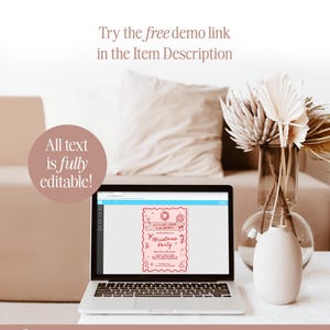 May include: A laptop displays a pink Christmas party invitation design. The screen shows the text "Let's Eat, Drink & Be Merry!" and "Christmas Party". The laptop is on a white table, with a vase of dried flowers and a white vase in the background. Text on the image says "All text is fully editable!"