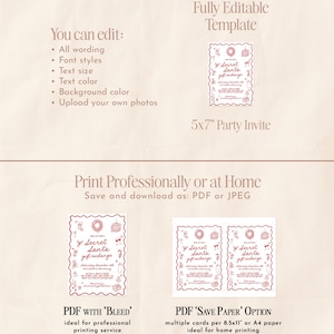 May include: A template for a 5x7" Secret Santa gift exchange party invite. The design is red and white, with festive illustrations. Text includes editable options for wording, font, size, color, and background. Available as PDF or JPEG.