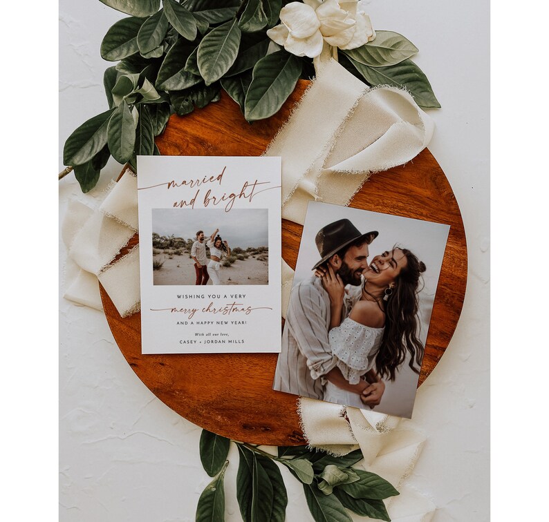 Editable Template Minimalist Christmas Photo Card Wedding Thank You Card Newlywed Christmas Card Married and Bright Christmas Card