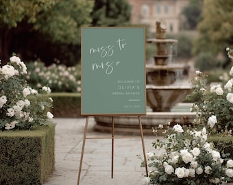 Miss to Mrs Bridal Shower Welcome Sign | Sage Green Minimalist Script Poster | Printed & Shipped