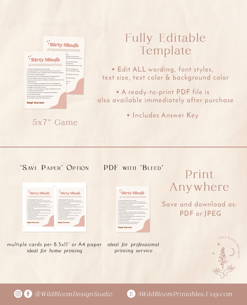 Puede incluir: Plantilla de juego imprimible de 12,7 x 17,8 cm con el t&iacute;tulo "Dirty Minds". La plantilla es totalmente editable e incluye una clave de respuesta. La imagen muestra dos versiones de la tarjeta de juego, una con una opci&oacute;n "Save Paper" y otra con una opci&oacute;n "Bleed". La imagen tambi&eacute;n incluye un logotipo para Wild Bloom Printables.