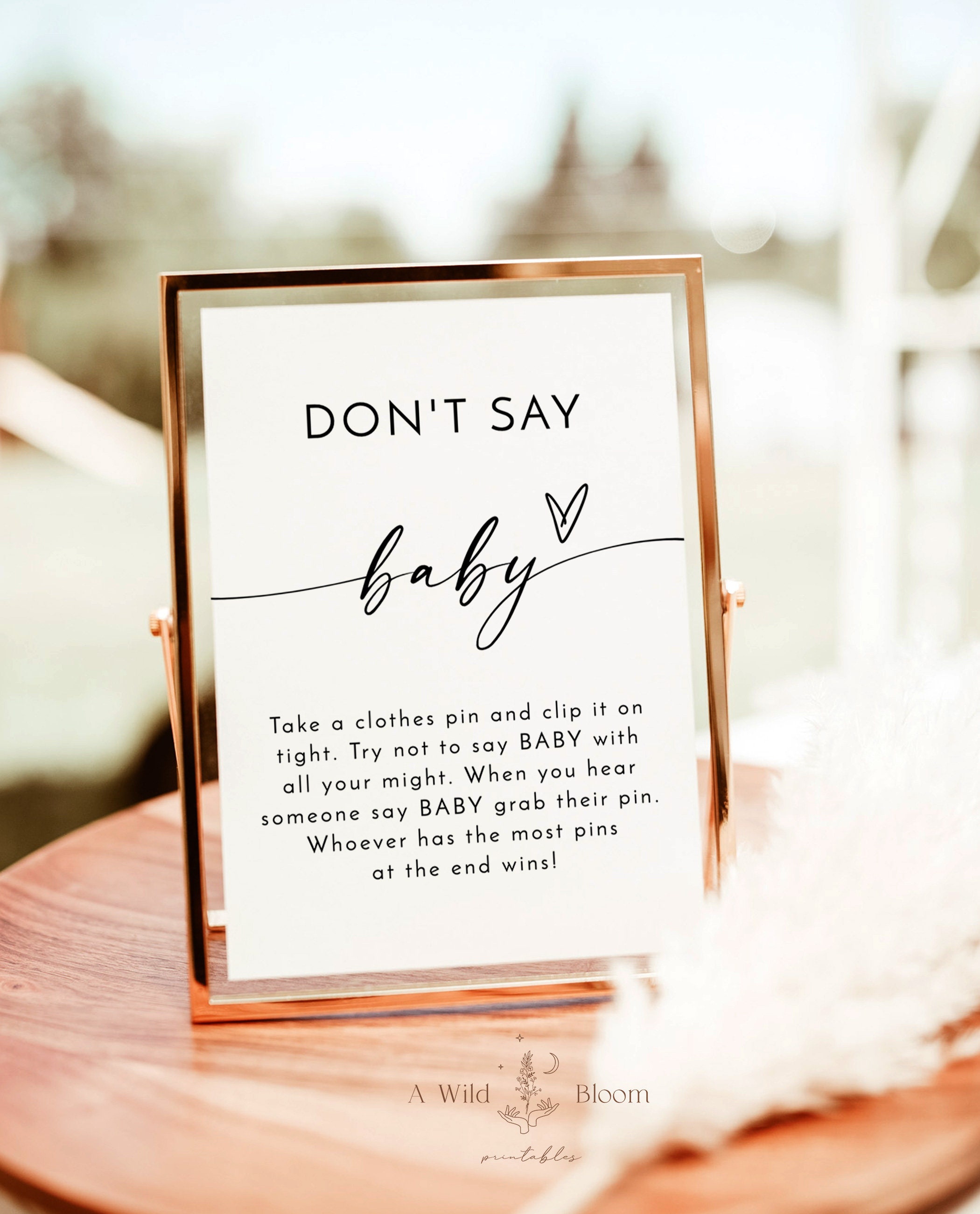 "Don't Say Baby" Baby Shower Game Set - Wooden Sign With Stand & 50 Mini Clothespins, Boho Neutral Decor
