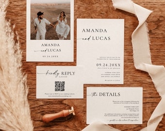 Minimalist Wedding Invitation Template, Modern Wedding Invite, Boho Wedding Invitation, Photo Wedding Invitation, Editable Template M9