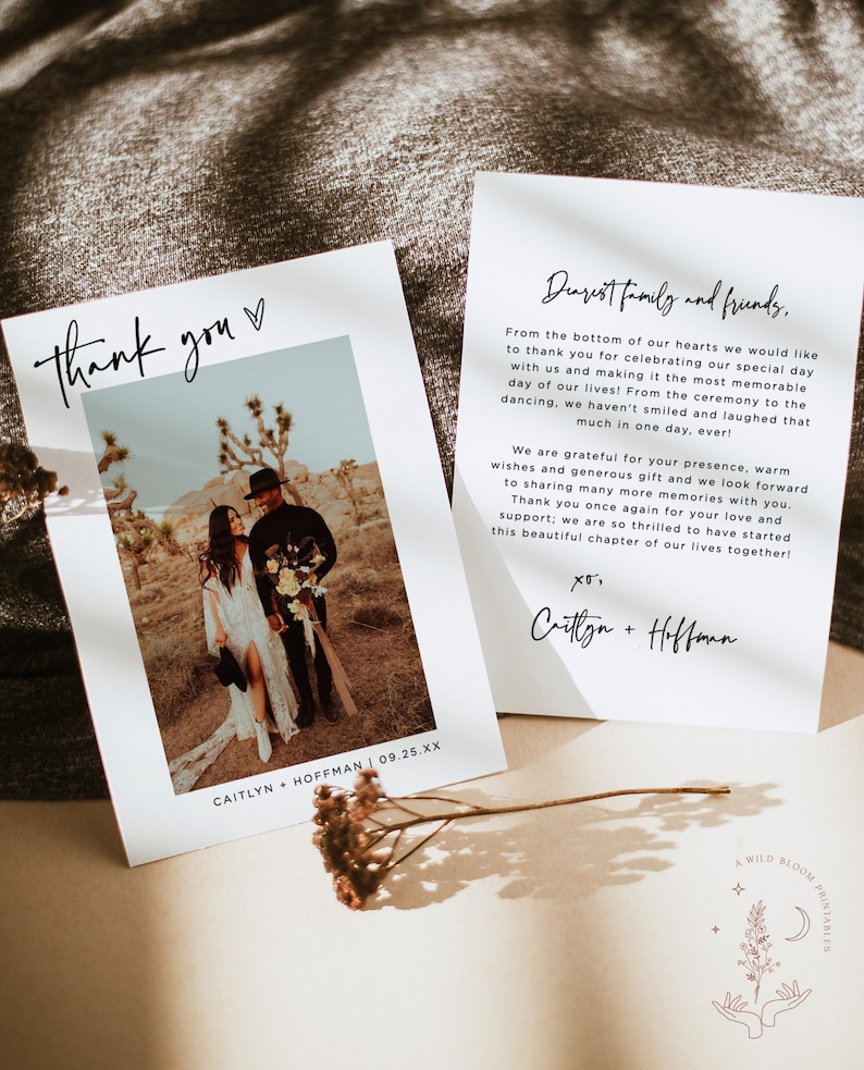 May include: A wedding thank you card with a photo of a couple in a desert setting. The card has a simple design with black text on a white background. The text reads "Thank you" and "Dearest family and friends, From the bottom of our hearts we would like to thank you for celebrating our special day with us and making it the most memorable day of our lives! From the ceremony to the dancing, we haven't smiled and laughed that much in one day, ever! We are grateful for your presence, warm wishes and generous gift and we look forward to sharing many more memories with you. Thank you once again for your love and support; we are so thrilled to have started this beautiful chapter of our lives together!  Caitlyn + Hoffman". The card also includes the couple's names and wedding date.
