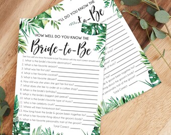 Printable Tropical 'How Well Do You Know the Bride-to-Be' | Fun Bridal Shower Game | Watercolor Palm Leaves T03 | Instant Download