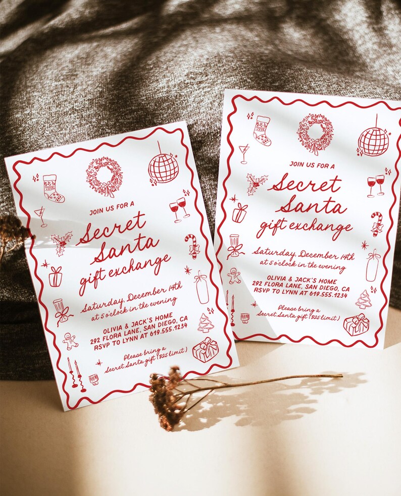 May include: Two white Secret Santa gift exchange invitations with red decorative borders and text. The invitations include holiday-themed illustrations and event details, such as the date, time, and location.