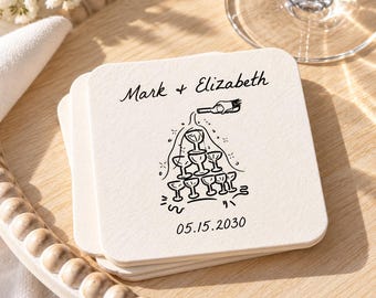 Champagne Wedding Coasters | Personalized Bottles Paper Coasters for Bar | Cheers Couple Name Wedding Favors