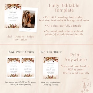 May include: A fully editable wedding invitation template with a fall theme. The template features a watercolor illustration of autumn leaves in shades of orange, red, and brown. The text on the invitation reads "Luca Sloan & Ryan Anderson". The template is available in two sizes: 5x7 inches and 8.5x11 inches. The template can be printed at home or professionally.