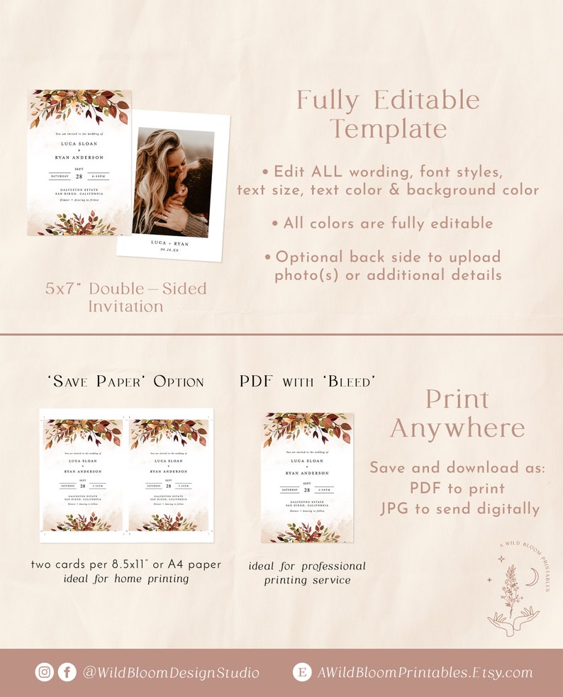 May include: A fully editable wedding invitation template with a fall theme. The template features a watercolor illustration of autumn leaves in shades of orange, red, and brown. The text on the invitation reads "Luca Sloan & Ryan Anderson". The template is available in two sizes: 5x7 inches and 8.5x11 inches. The template can be printed at home or professionally.
