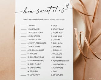 PRINTED + SHIPPED | Candy Match Baby Shower Game | Modern Minimalist How Sweet It Is M9