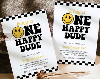 One Happy Dude Birthday Invite Template, Smiley Face Birthday Invite, Boy 1st Birthday, Lightening Bolt Smiley, Editable Template, S4