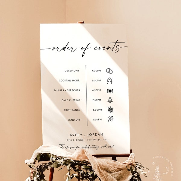 Wedding Order of Events Sign | Wedding Timeline | Minimalist Order of Events | Modern Wedding Day Timeline | Editable Template | M9