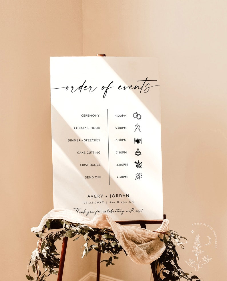 May include: A white sign with black text and icons listing the order of events for a wedding. The events include the ceremony, cocktail hour, dinner and speeches, cake cutting, first dance, and send off. The times are listed next to each event. The sign also includes the couple's names, Avery and Jordan, the date of the wedding, and the location, San Diego, CA. The text at the bottom of the sign says "Thank you for celebrating with us!"