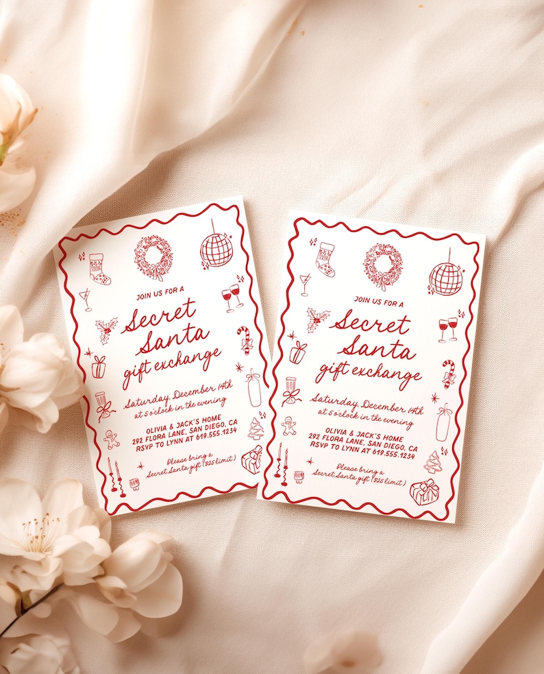 May include: Two rectangular Secret Santa gift exchange invitations with red borders and festive illustrations. The text includes event details: date, time, location, and RSVP information. The invitations are on a cream-colored fabric background.