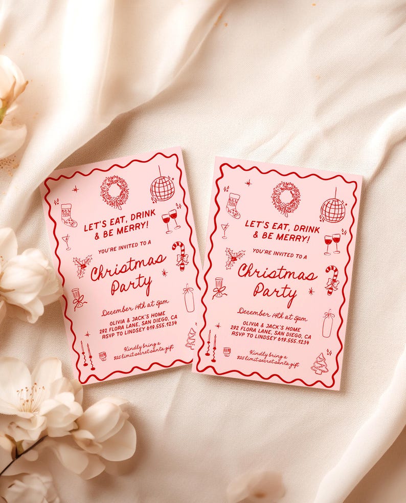 May include: Two pink Christmas party invitations with red text and illustrations. The text reads "Let's Eat, Drink & Be Merry!" and "Christmas Party." Decorative elements include a wreath, disco ball, and wine glasses.