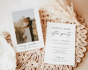 May include: A white card with black text announcing an after party for Avery and Jordan. The text includes the date and time of the event, the location, and a request to RSVP. A smaller white card with a photo of the couple is in the background.
