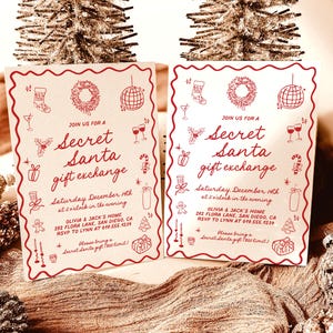 May include: Two invitations for a Secret Santa gift exchange, featuring red line art illustrations of holiday icons. The text includes the date, time, and location in San Diego, CA. The invitations are on a cream-colored background.
