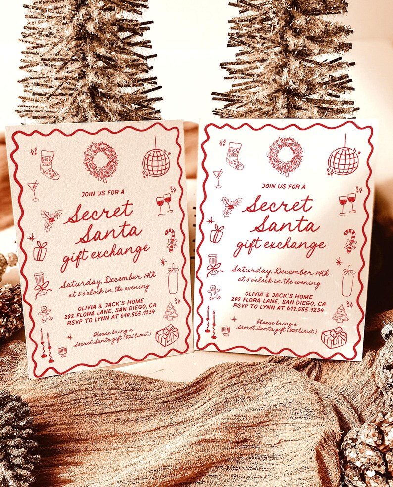 May include: Two invitations for a Secret Santa gift exchange, featuring red line art illustrations of holiday icons. The text includes the date, time, and location in San Diego, CA. The invitations are on a cream-colored background.