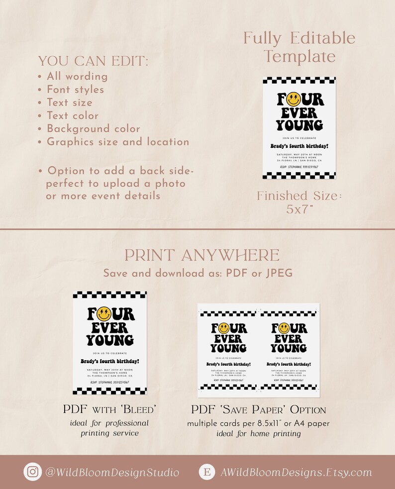 Op de afbeelding: Bewerkbare verjaardagsuitnodigingstemplate van 12,7 x 17,8 cm met een zwart-wit geruite achtergrond, een gele smiley en de tekst "Four Ever Young". De template is beschikbaar als PDF met bleed of als papierbesparende optie.