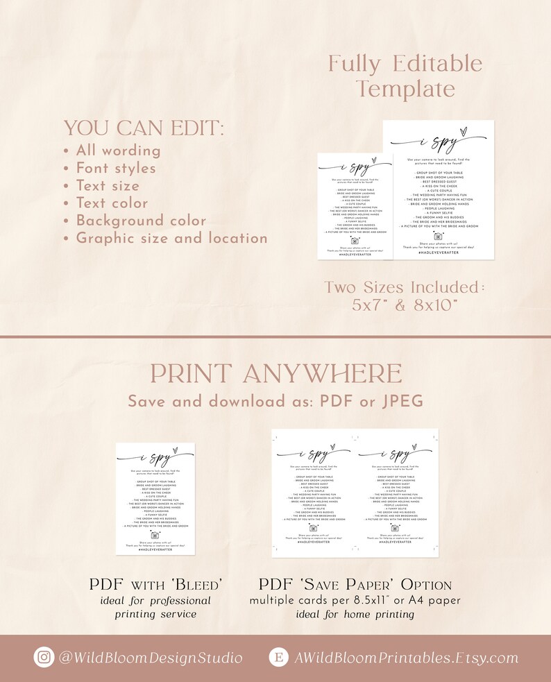 May include: Printable "I Spy" game cards for a wedding reception. The cards are white with black text and feature a cute little heart with a wing. The cards are available in two sizes: 5x7 inches and 8x10 inches. The text on the cards reads "I Spy".