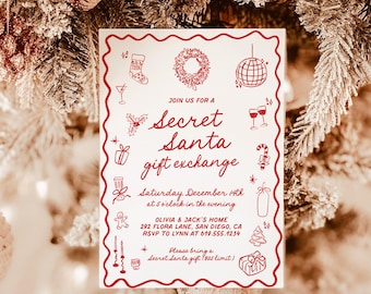 Puede incluir: Una tarjeta de invitación blanca con un borde rojo festoneado, con ilustraciones festivas y el texto "Secret Santa gift exchange". La tarjeta incluye detalles del evento: fecha, hora, lugar e información de RSVP. El fondo muestra un árbol de Navidad con adornos.
