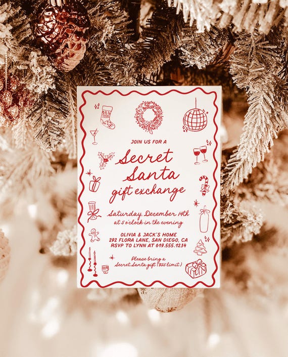 Secret Santa Invitation Template, Christmas Gift Exchange, Hand Drawn, Party Invite, Instant Download, Dinner Editable, H1