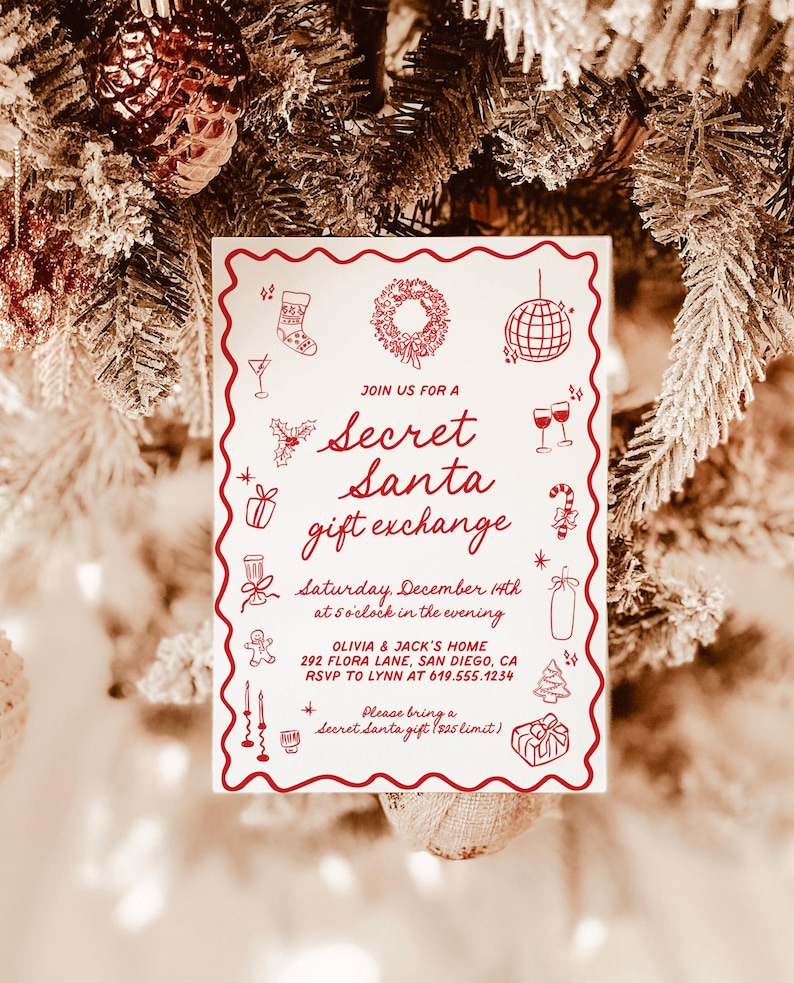 May include: A white invitation card with a red scalloped border, featuring festive illustrations and the text "Secret Santa gift exchange." The card includes event details: date, time, location, and RSVP information. The background shows a Christmas tree with ornaments.