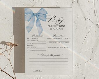 PRINTED + SHIPPED | Blue Bow Baby Predictions and Advice Cards Baby Shower Boy Watercolor Bow Prediction Game Advice for Baby