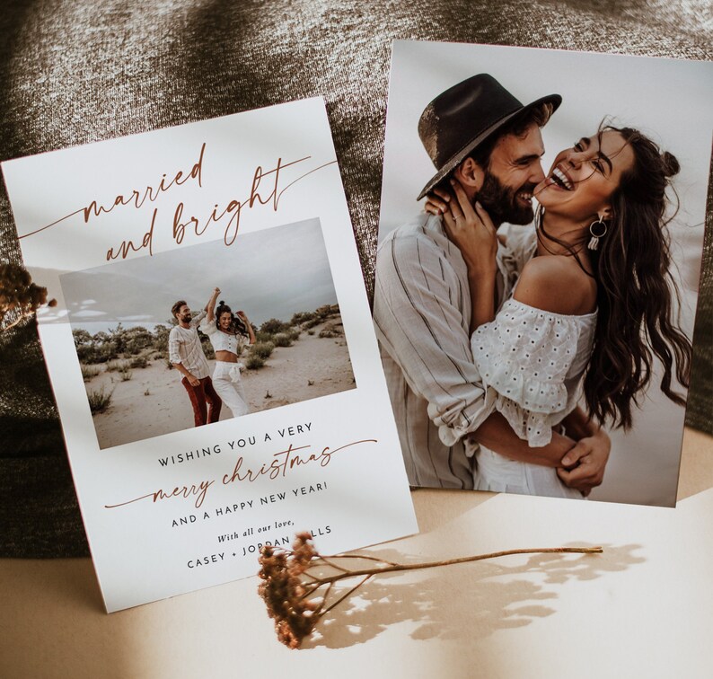 Editable Template Minimalist Christmas Photo Card Wedding Thank You Card Newlywed Christmas Card Married and Bright Christmas Card