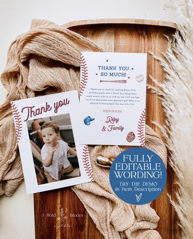 Baseball 1st Birthday Thank You Card, Photo, Rookie of the Year Party ...