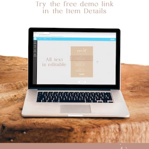 Pu&ograve; includere: Un computer portatile che mostra una bozza digitale di un modello di listino prezzi stampabile. Il modello &egrave; beige con testo marrone e le parole "price list" in alto. Il testo "All text is editable" &egrave; visibile sullo schermo del laptop.