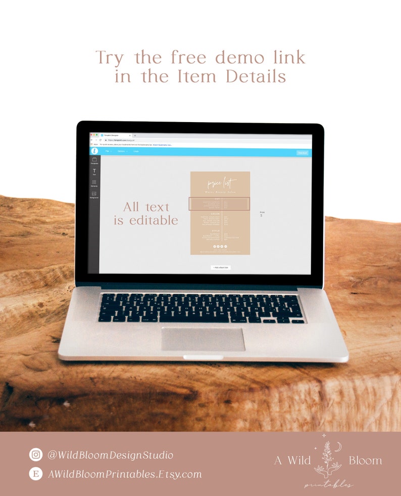 Pu&ograve; includere: Un computer portatile che mostra una bozza digitale di un modello di listino prezzi stampabile. Il modello &egrave; beige con testo marrone e le parole "price list" in alto. Il testo "All text is editable" &egrave; visibile sullo schermo del laptop.