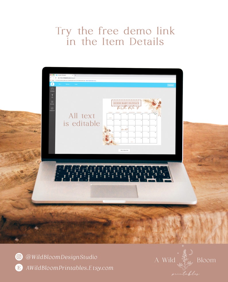 Puede incluir: Una pantalla de computadora port&aacute;til que muestra un juego de baby shower imprimible. El juego es un calendario con el texto "Adivina la fecha de nacimiento del beb&eacute; Olivia". El texto es editable.