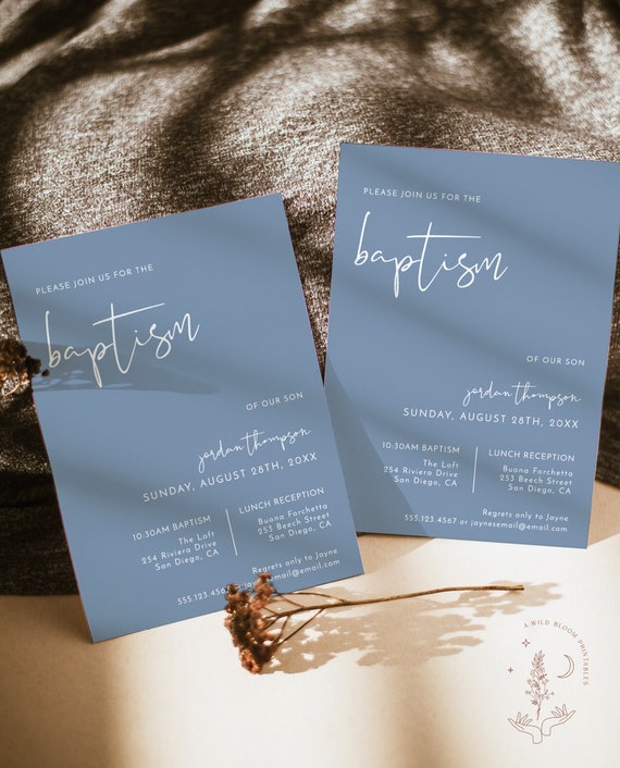 Modern Minimalist Baptism Invitation Template, Dusty Blue Invite, Gender Neutral, 1st Communion, Instant Download, Editable Template, M4