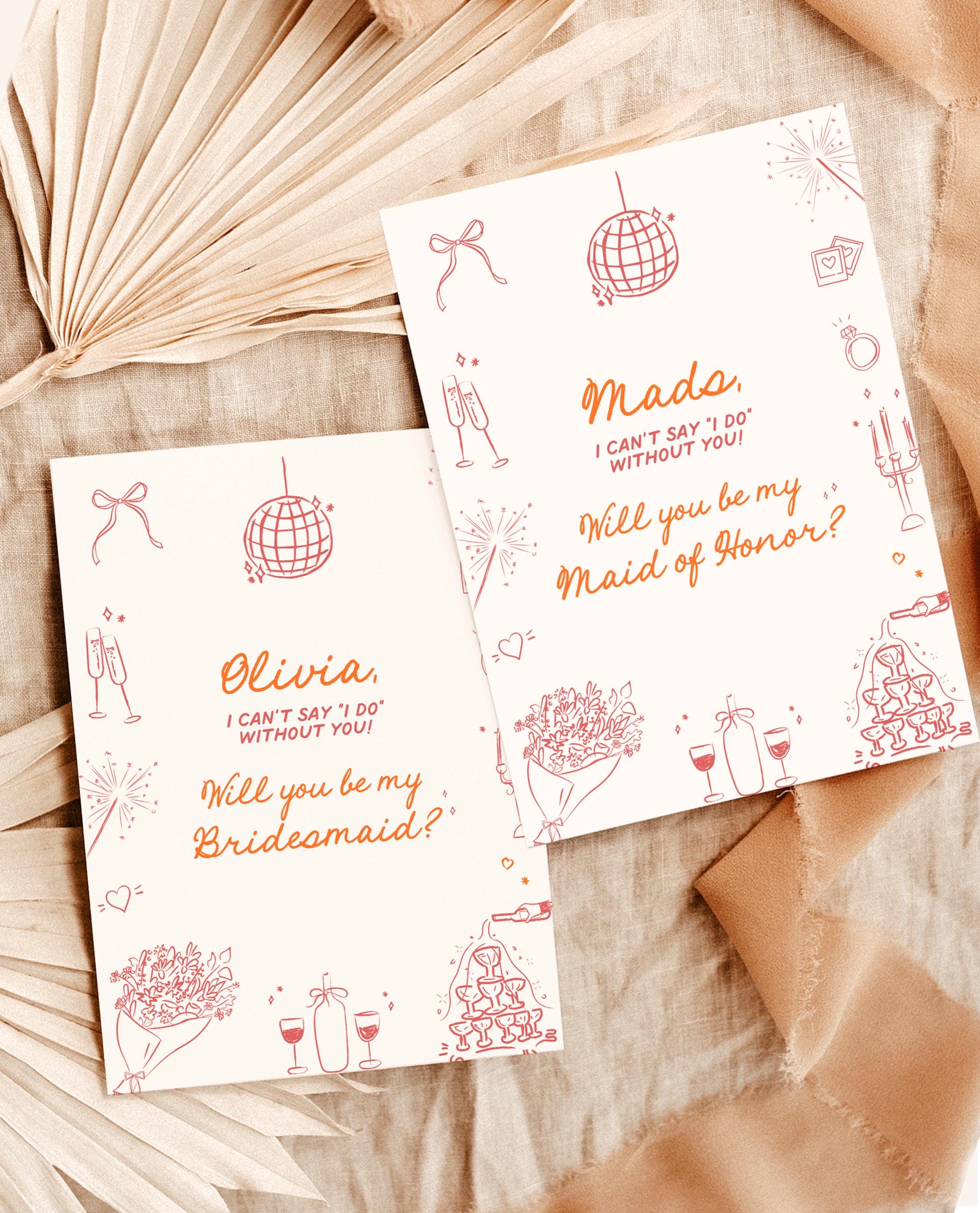 Bridesmaid Proposal Card, Hand Drawn Bridesmaid Proposal Card, Bow Bridesmaid Proposal Template,  Will You Be My Bridesmaid, Whimsical, H1