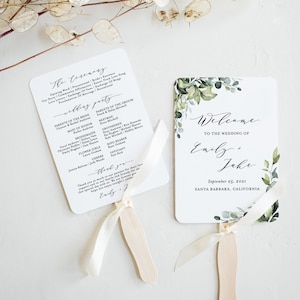 Greenery Wedding Program Editable Template, Fan or Flat Order of Service, Watercolor Eucalyptus Leaves, Printable Instant Download