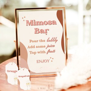 Retro despedida de soltera Mimosa Bar Sign, Funky Bridal Brunch Mimosa Bar, Etiquetas de jugo de Mimosa, Etiquetas de jugo de Mimosa, Ducha nupcial de los años 70, R1