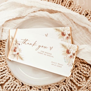 Chocolate Bar Wrapper Template, Candy Bar Favor Label, Boho Baby Shower Favors, Terracotta Wedding, Bridal Shower Thank You Wrapper, A2