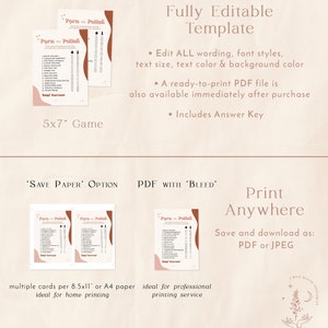 May include: Printable game template with the title "Porn Polish" in brown text. The template is fully editable and includes an answer key. The game is 5x7 inches and can be printed on 8.5x11 inch or A4 paper.