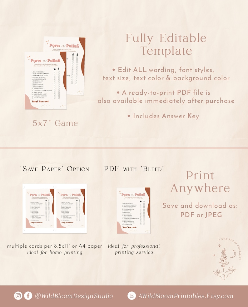 May include: Printable game template with the title "Porn Polish" in brown text. The template is fully editable and includes an answer key. The game is 5x7 inches and can be printed on 8.5x11 inch or A4 paper.