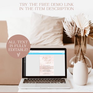 Op de afbeelding: Een laptop toont een sjabloon voor een babyshower-uitnodiging met de tekst "Baby it's cold outside" en sneeuwvlokontwerpen. De afbeelding bevat de tekst "Try the free demo link in the item description" en "All text is fully editable!"