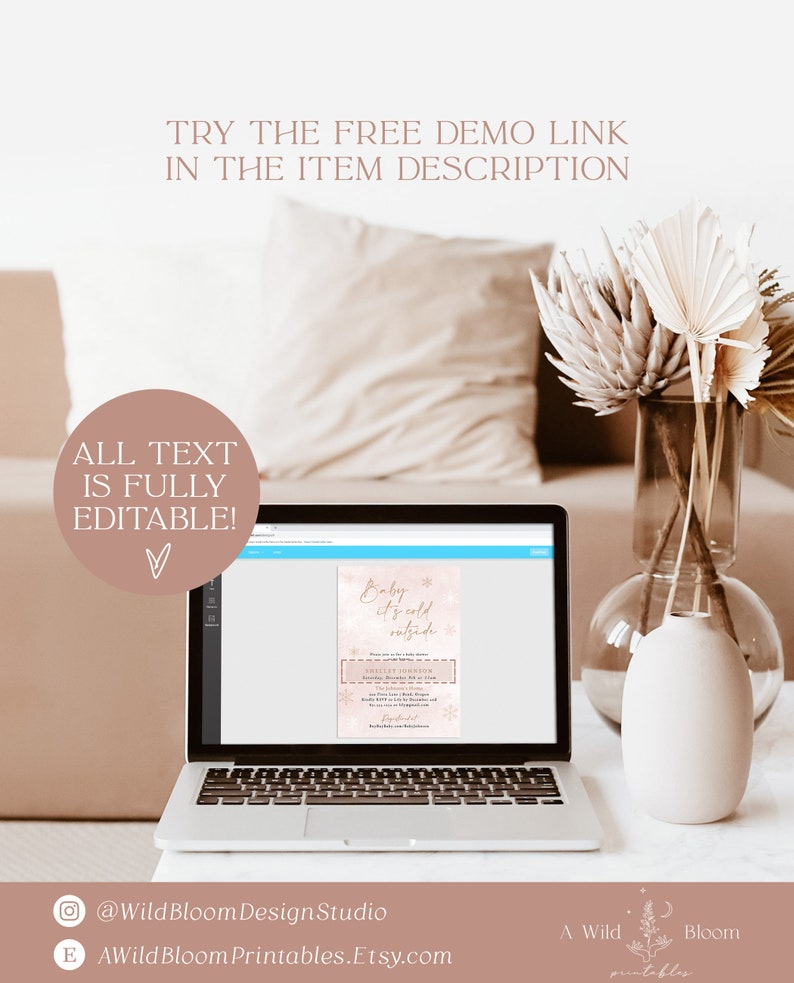 Op de afbeelding: Een laptop toont een sjabloon voor een babyshower-uitnodiging met de tekst "Baby it's cold outside" en sneeuwvlokontwerpen. De afbeelding bevat de tekst "Try the free demo link in the item description" en "All text is fully editable!"
