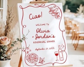 Pizza and Wine Rehearsal Dinner Welcome Sign | Modern Italian Wedding Handwritten | Printed & Shipped