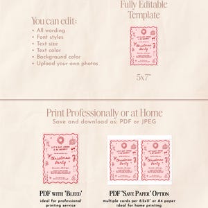 May include: A pink Christmas party invitation template with the text "LET'S EAT, DRINK & BE MERRY!" and "Christmas Party". The template is fully editable, allowing customization of wording, fonts, text size, color, and background. It is available in PDF and JPEG formats.