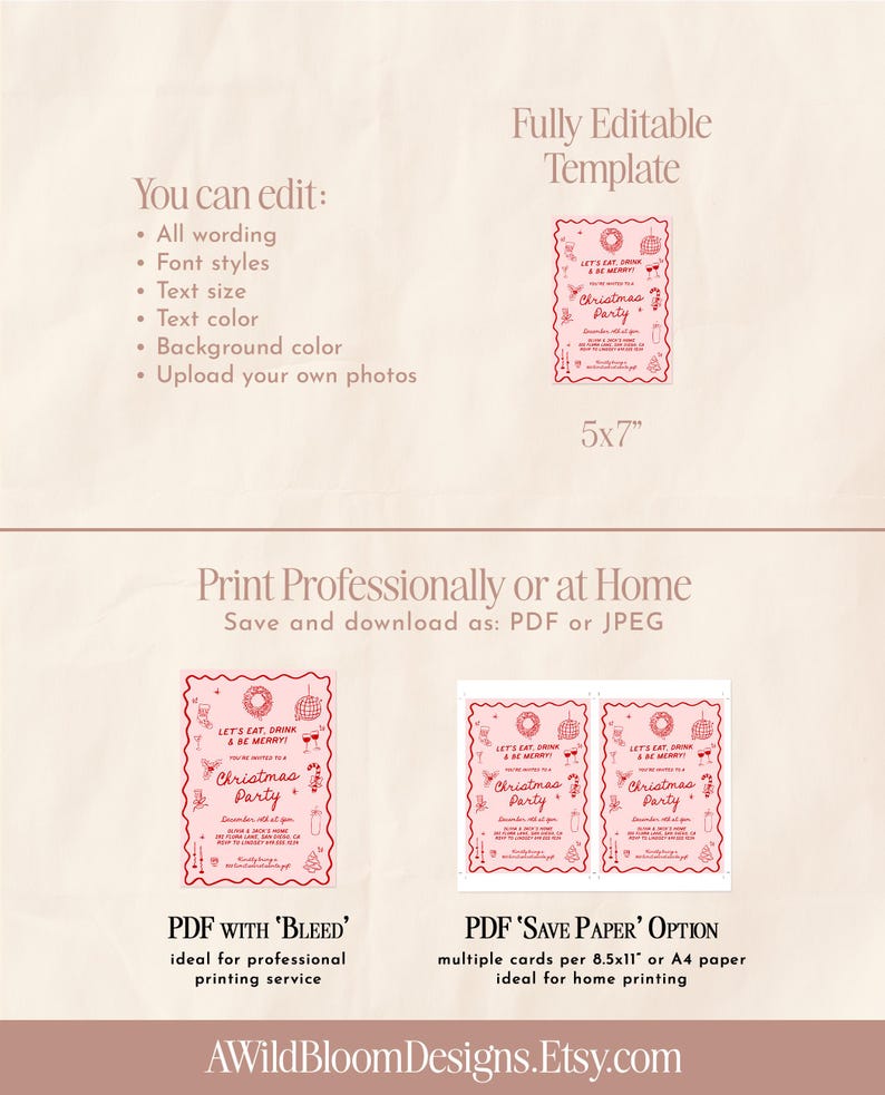 May include: A pink Christmas party invitation template with the text "LET'S EAT, DRINK & BE MERRY!" and "Christmas Party". The template is fully editable, allowing customization of wording, fonts, text size, color, and background. It is available in PDF and JPEG formats.