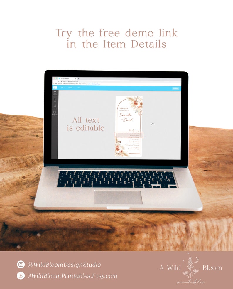 May include: A laptop computer screen displaying a wedding invitation template with a floral design. The text on the screen reads "Welcome to the Wedding of Samantha & David". The text "All text is editable" is also visible on the screen.