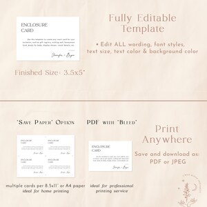 May include: Editable template for an enclosure card, measuring 3.5x5 inches. The template features the text "Enclosure Card" and "Use this template to create any insert card for your invitation, such as gift registry, wishing well, honeymoon fund, books for baby, display shower, travel details, etc." with a signature line. The template is available in "Save Paper" and "PDF with Bleed" options. The image also includes a logo with the text "A Wild Bloom Printables".