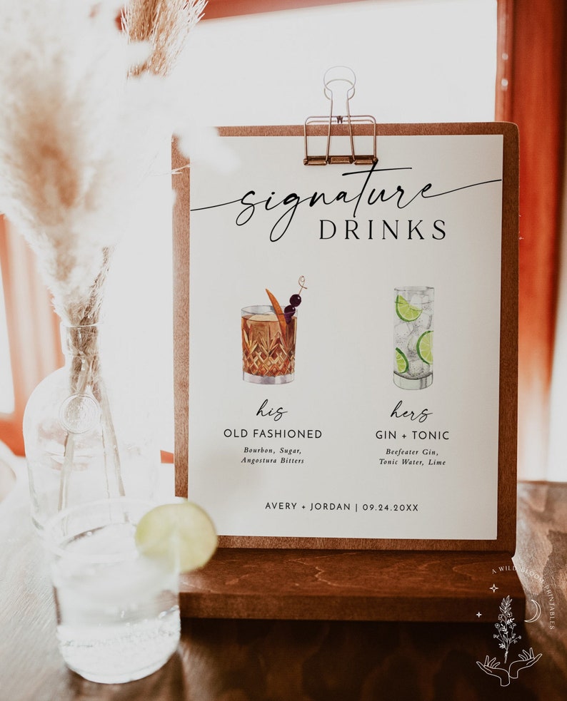 Signature Drinks Sign Template, Signature Cocktail Sign, Minimalist Wedding Bar Menu Sign, His and Hers Bar Sign, Editable Template, M9 image 4