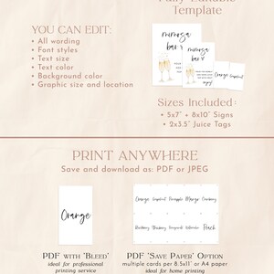 May include: Printable signage for a mimosa bar with the text "Mimosa Bar" and "Pour the bubbly, add your favorite juice, top with fruit, enjoy!" in black text. The signs are 5x7 inches and 8x10 inches. There are also 2x3.5 inch juice tags with the text "Orange, Grapefruit, Pineapple, Mango, Cranberry, Blackberry, Strawberry, Tangerine, Watermelon, Peach".